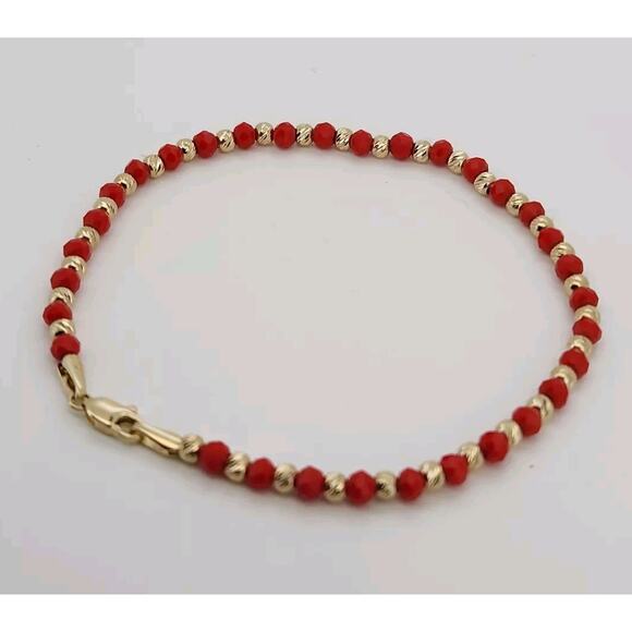 14k Yellow Gold Fashion Red And Gold Beaded Bracelet 7.5" - Picture 3 of 8